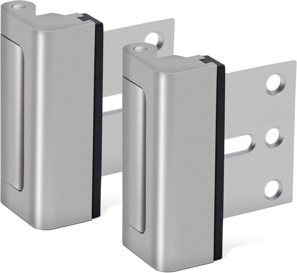 Silver door reinforcement locks with metal mounting plates, side-by-side view