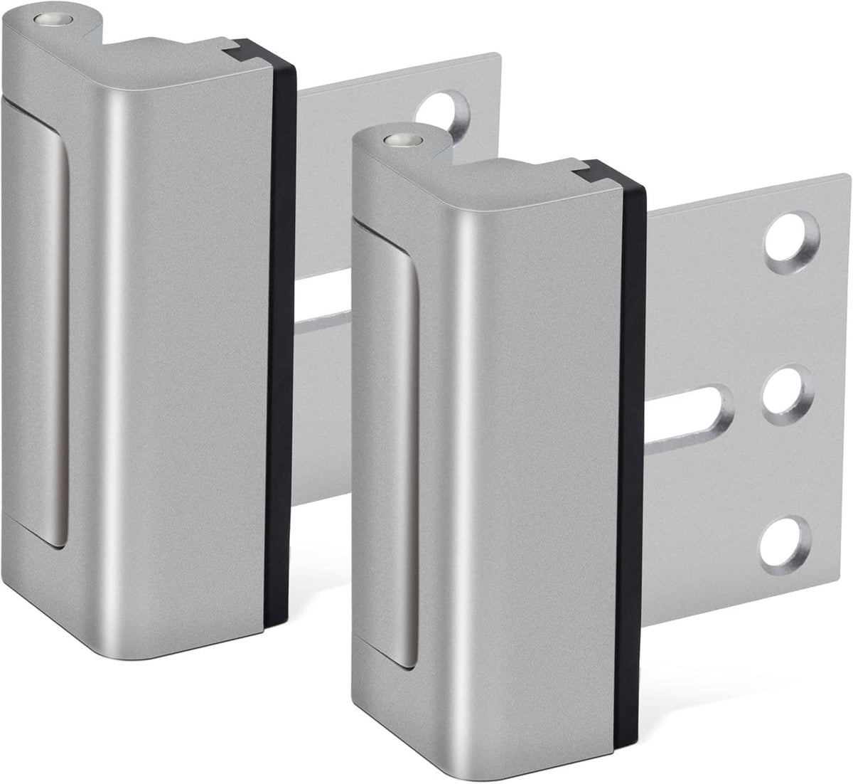 Silver door reinforcement locks with metal mounting plates, side-by-side view