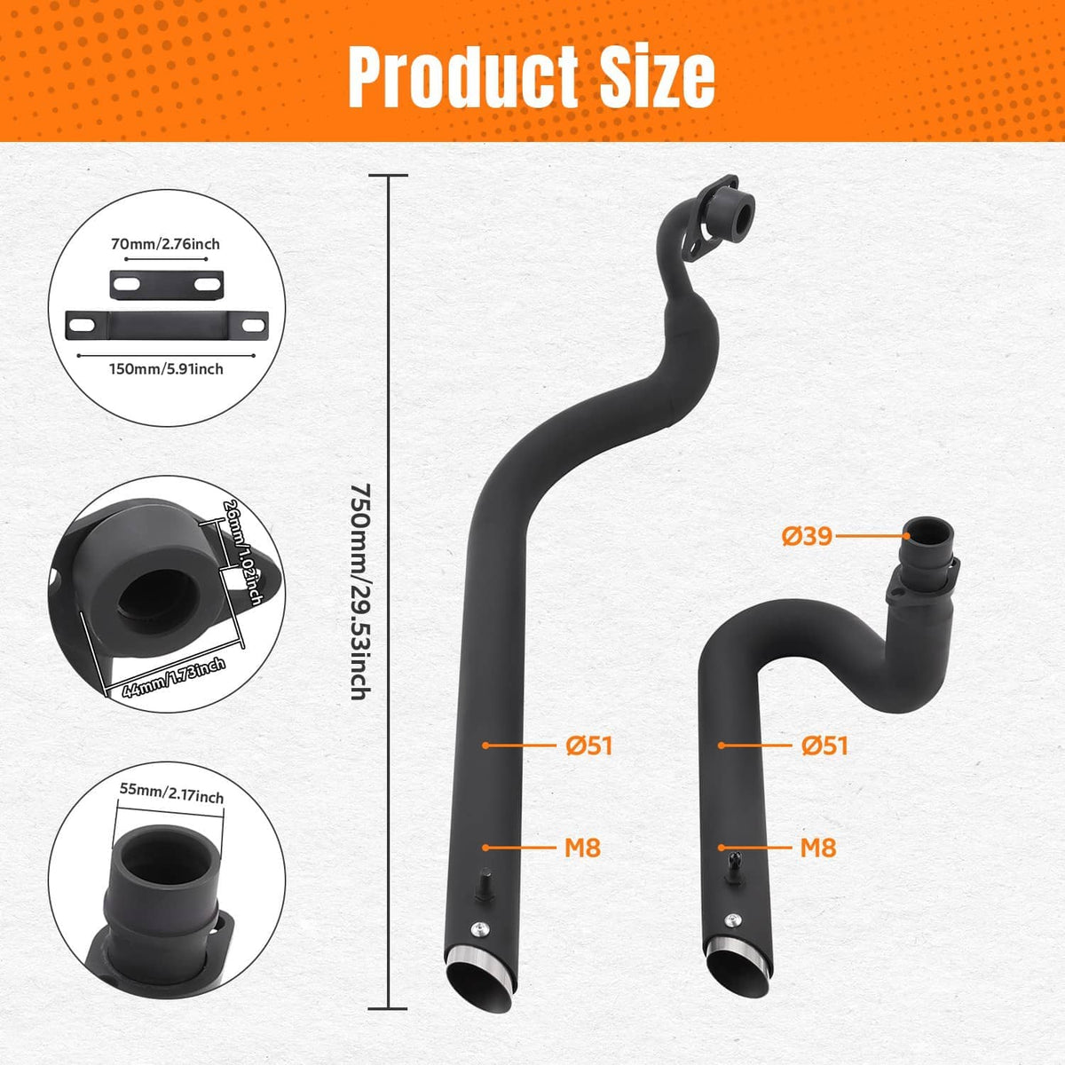 Black exhaust pipe assembly size diagram showing curved pipes and mounting points.