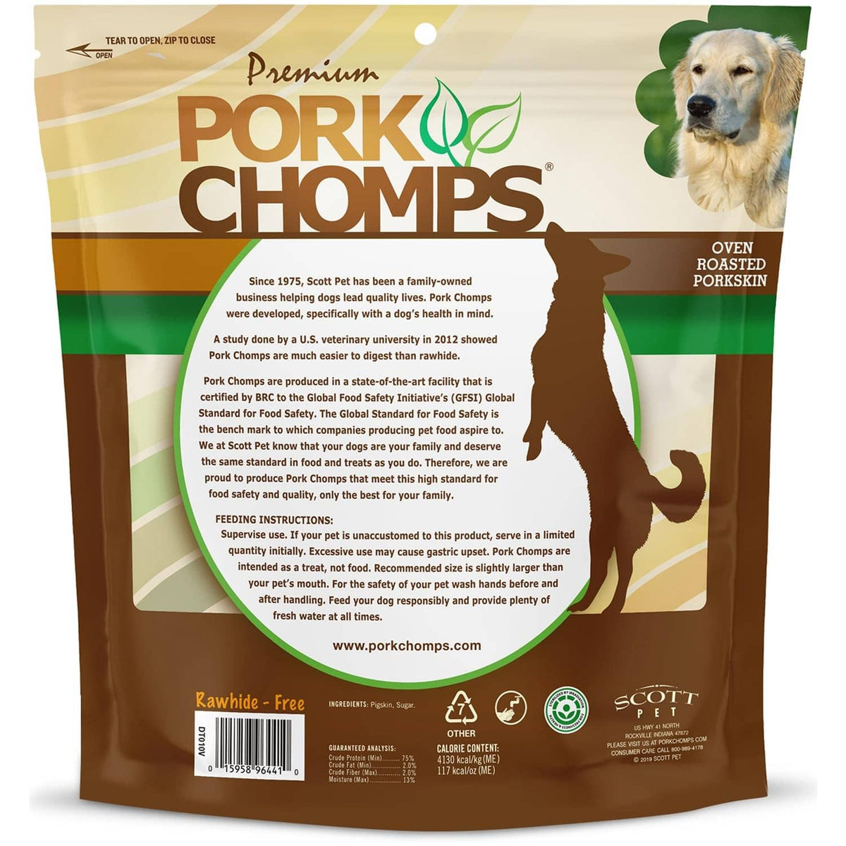 Roasted pork skin dog chew bag back side with feeding instructions