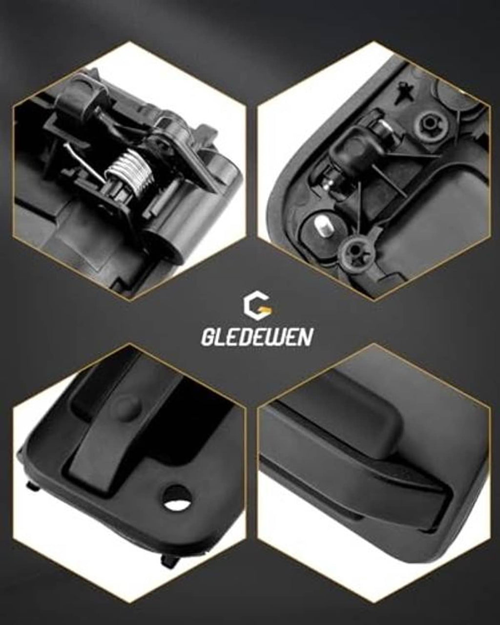Exterior door handle close-up set showing black handle and inner components