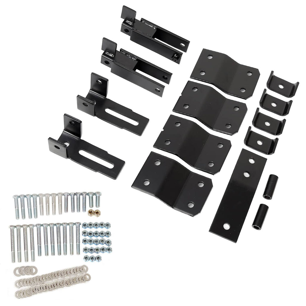 Black metal lift brackets and pins with included mounting hardware for golf cart