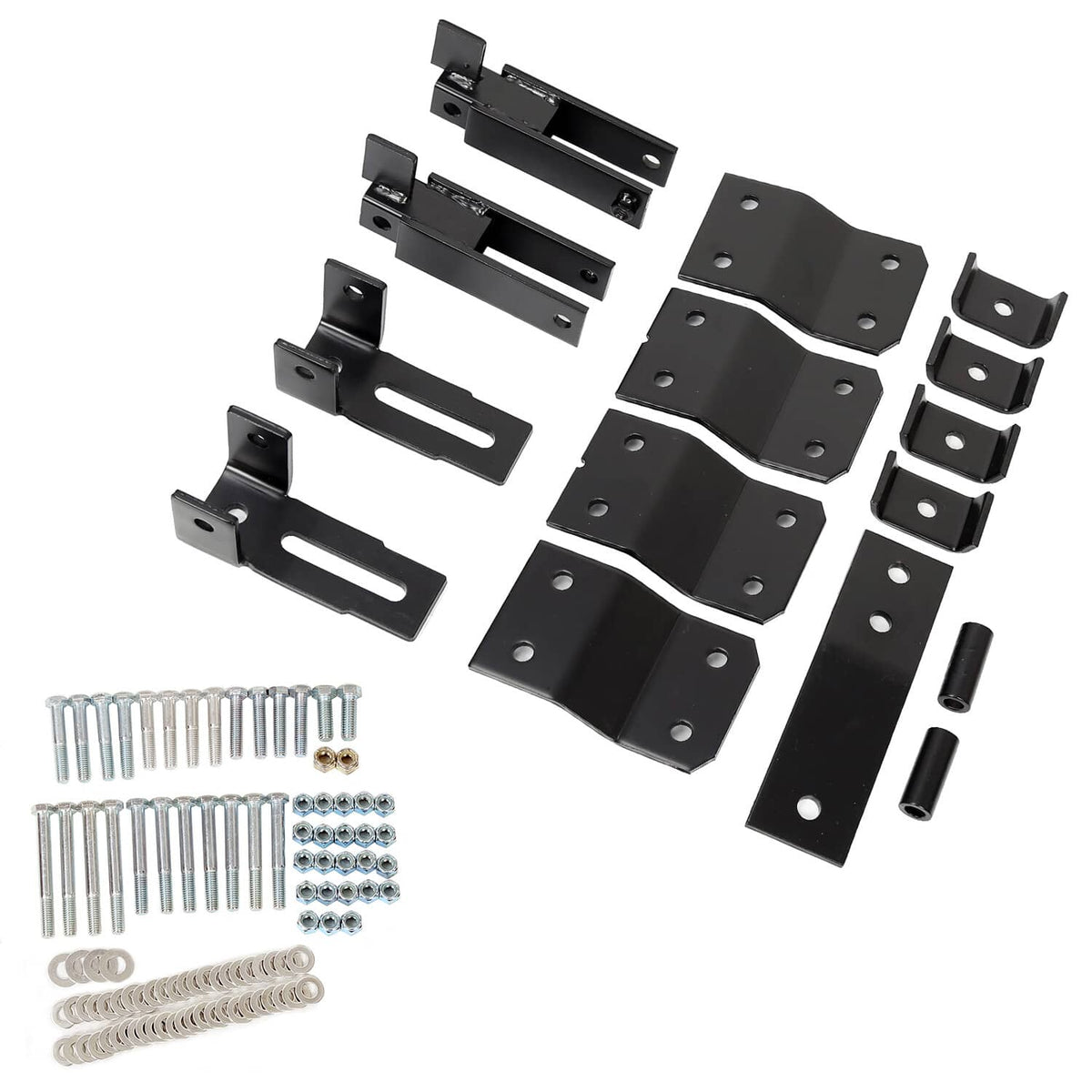 Black metal lift brackets and pins with included mounting hardware for golf cart