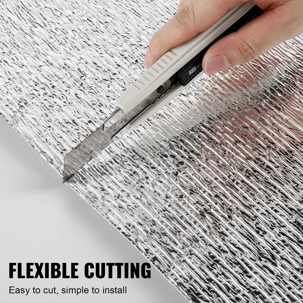 Silver flexible radiant barrier insulation sheet with textured foil surface for cutting