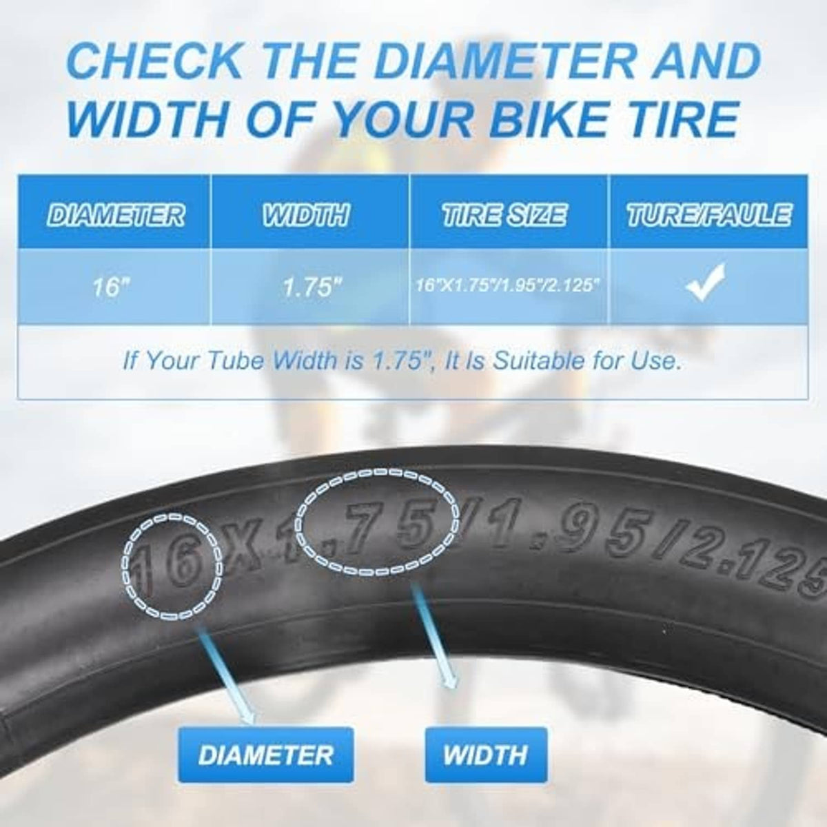 Black rubber bicycle inner tube with diameter and width measurement labels