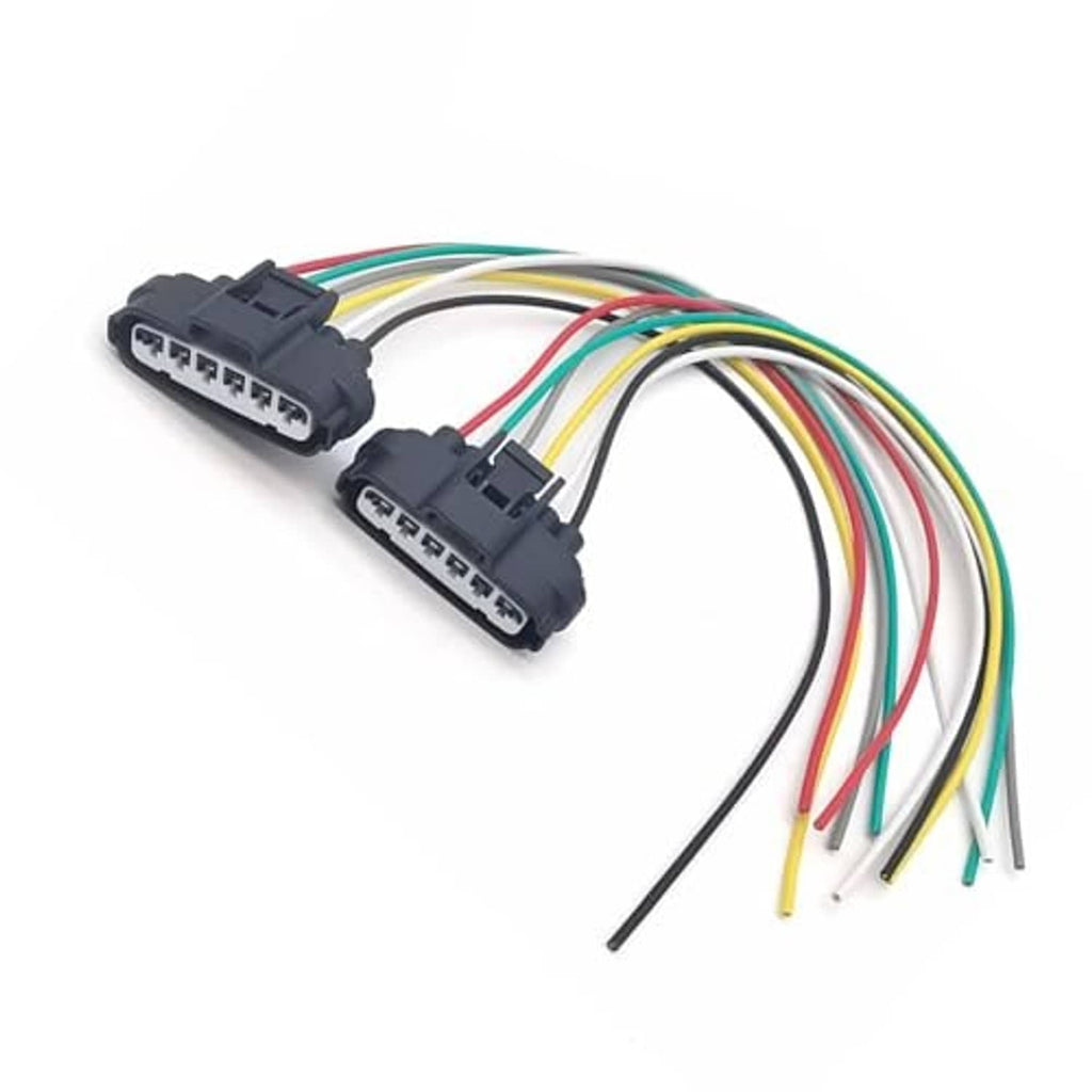 Two 6-pin automotive wiring plugs with black housings and multicolor wires