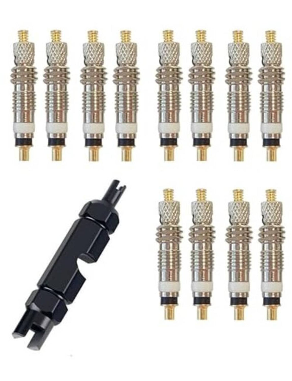 Bike presta valve core removal tool with a set of brass-gold valve cores, black