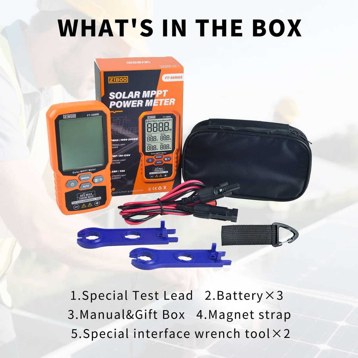 Solar MPPT power meter kit with tester, cables, magnet strap, and blue mounting clips.