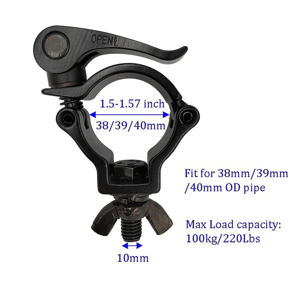 Black quick-release pipe clamp with open lever for 1.5–1.57 in pipe