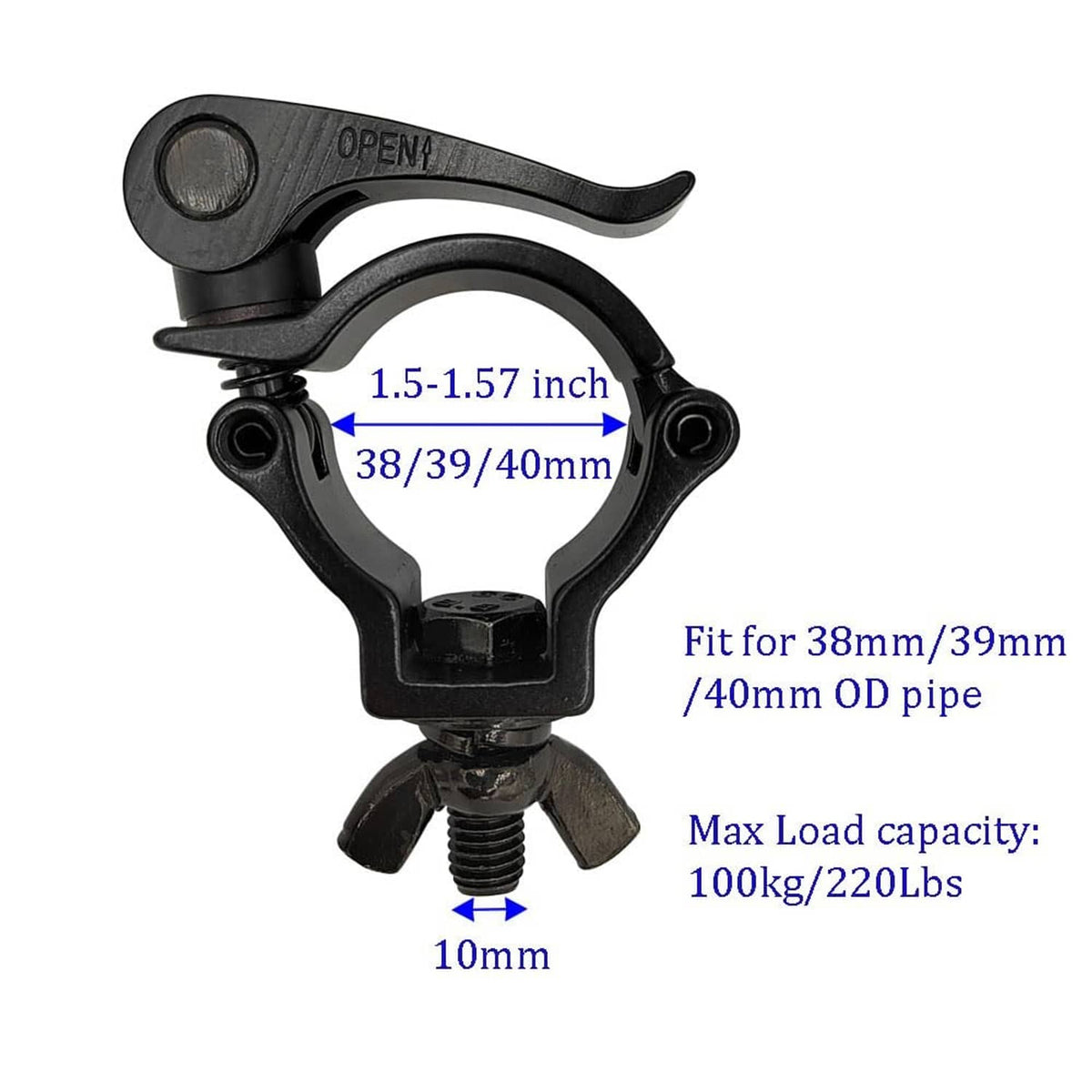 Black quick-release pipe clamp with open lever for 1.5–1.57 in pipe