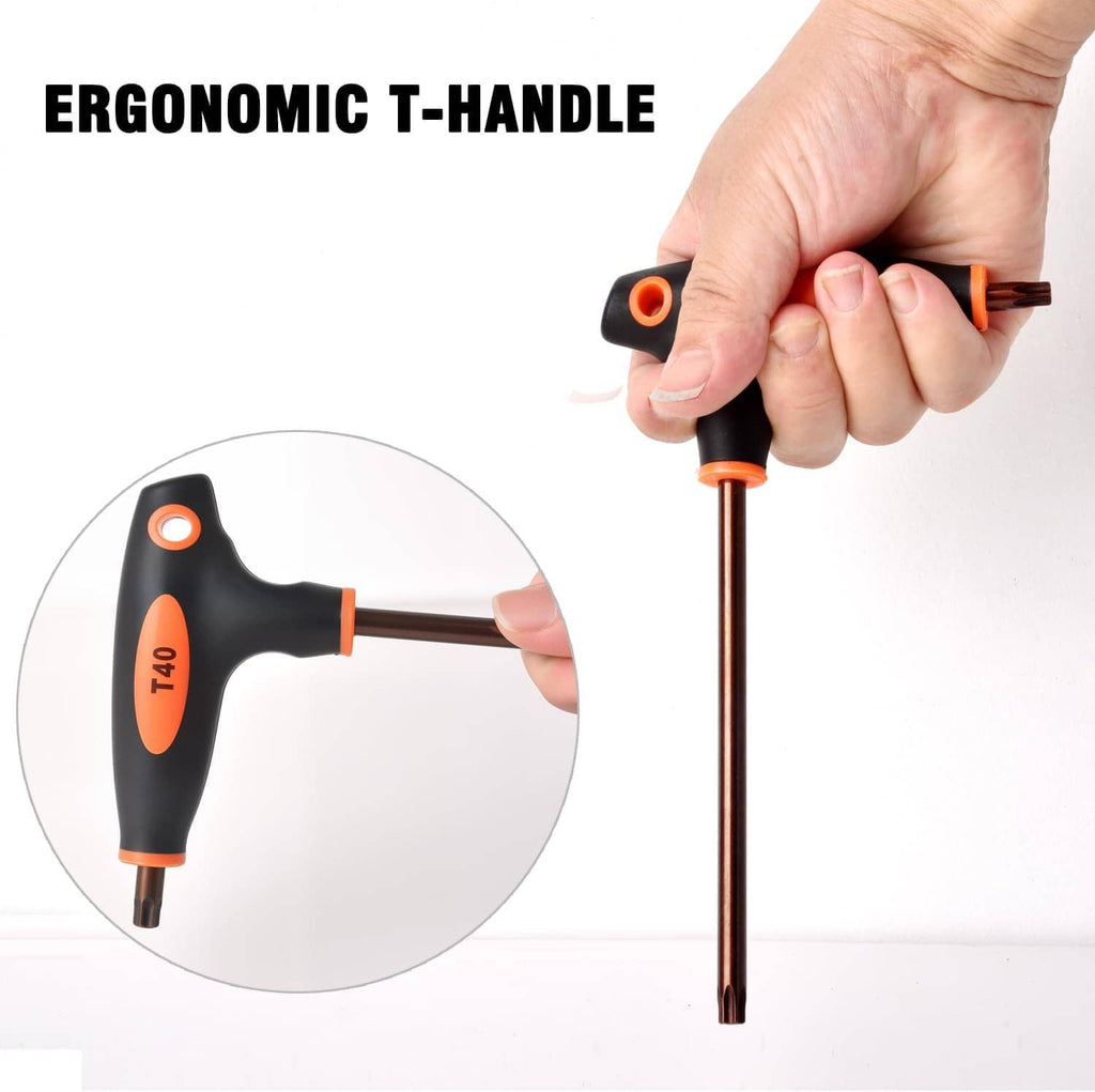 T10 ergonomic T-handle screwdriver with orange/black grip and hanging hole at the handle