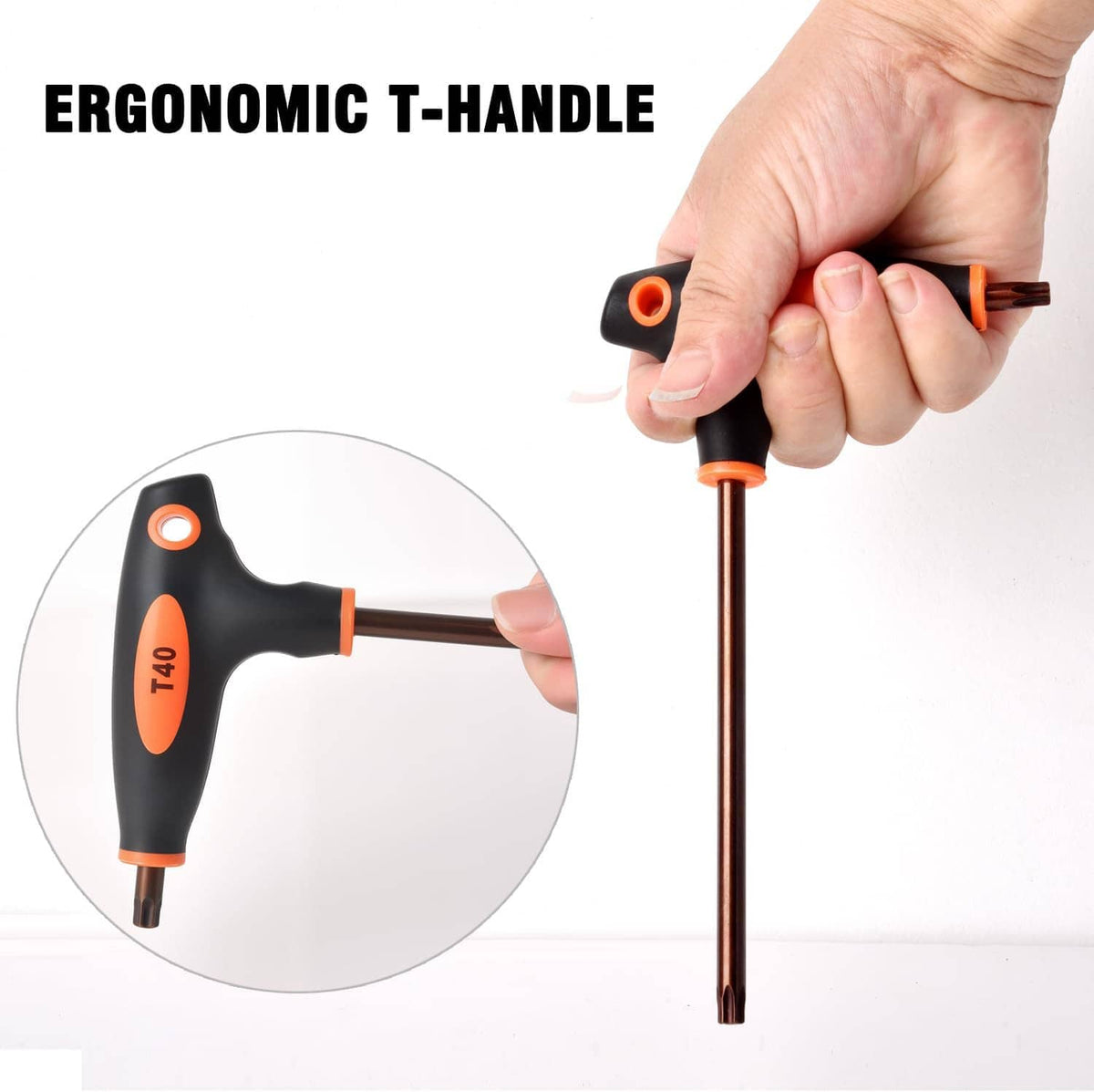 T10 ergonomic T-handle screwdriver with orange/black grip and hanging hole at the handle
