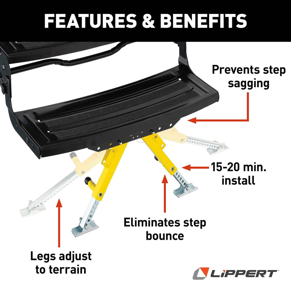Black step platform with yellow stabilizer legs and metal mounting brackets