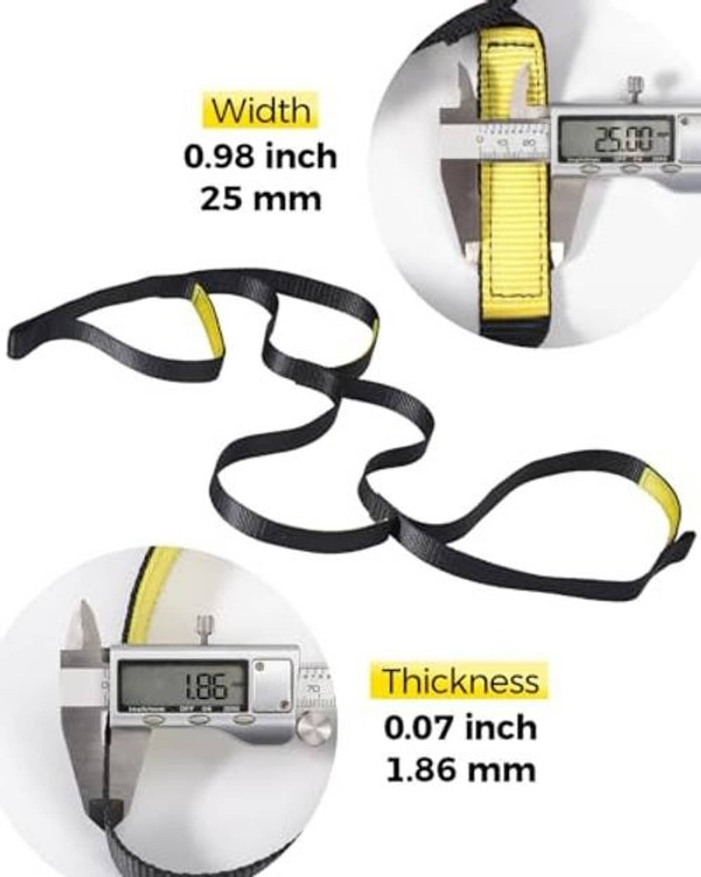 Measuring view of black webbing strap with yellow reinforced loop padding