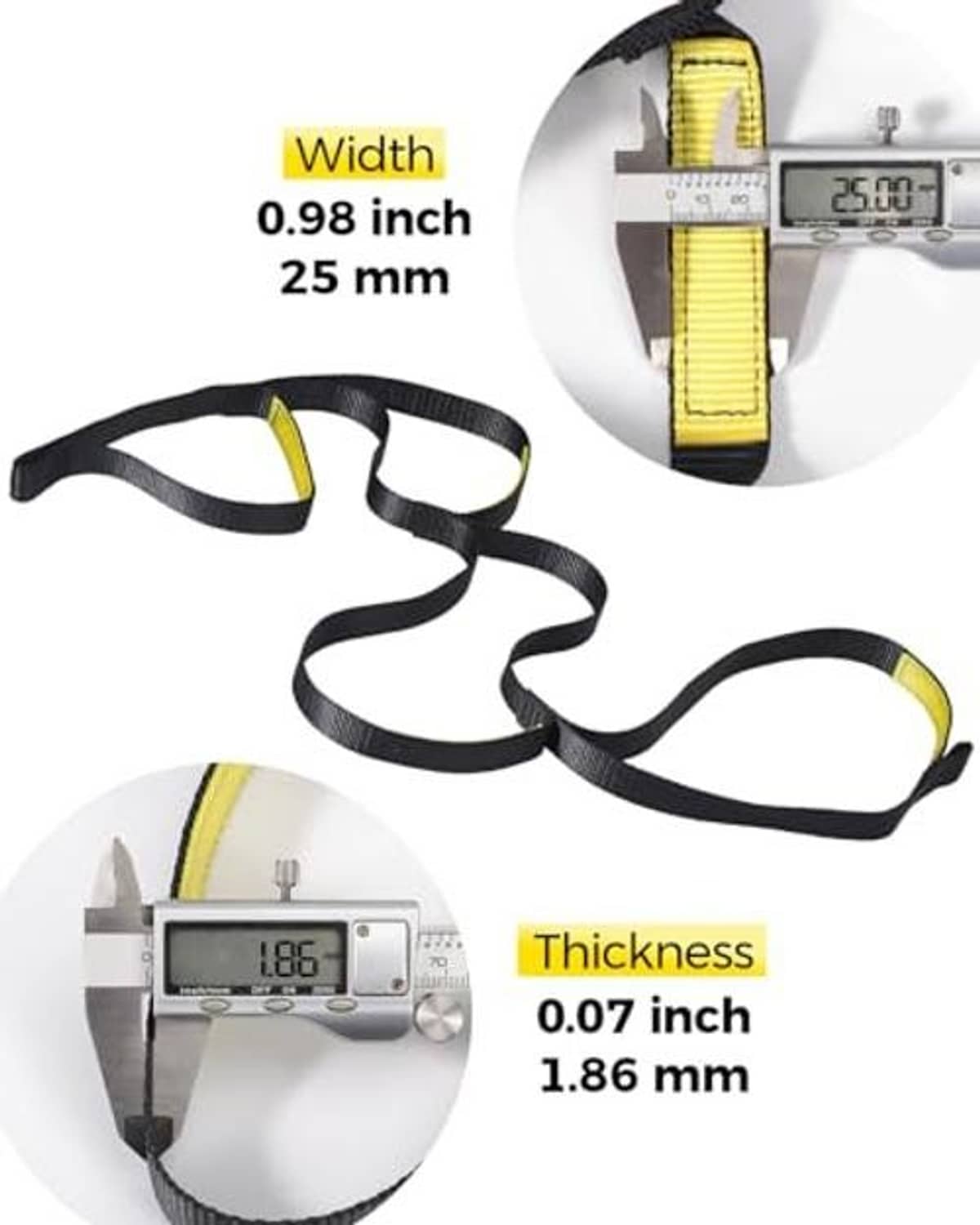 Measuring view of black webbing strap with yellow reinforced loop padding