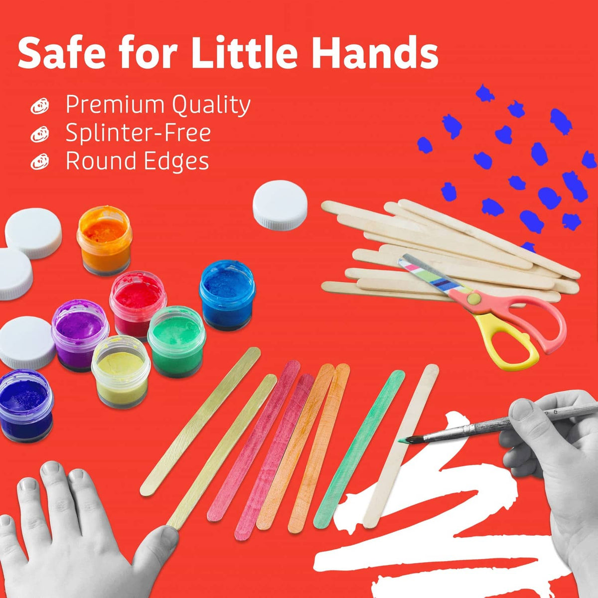 Light wood craft sticks with round edges, shown with colorful paint cups for crafts