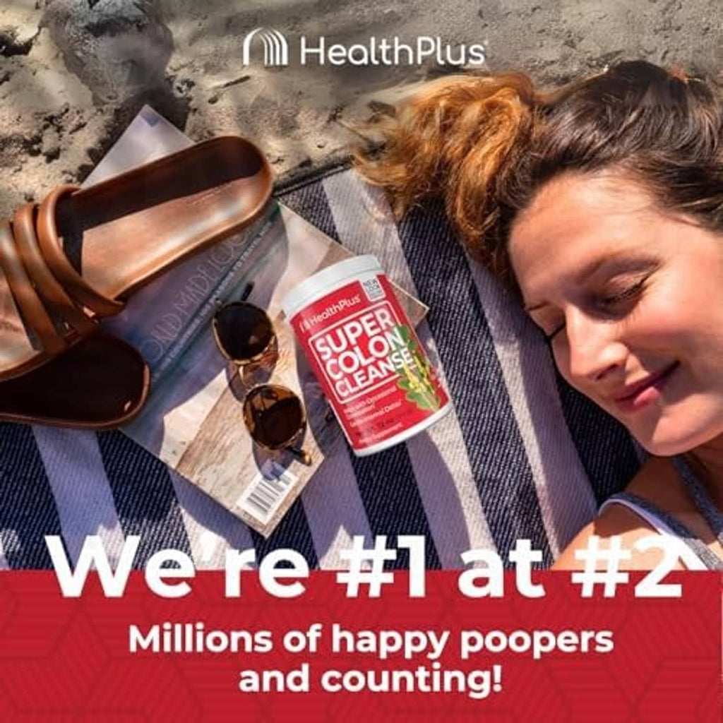 Super Colon Cleanse bottle with red label lying on a towel outdoors; HealthPlus logo