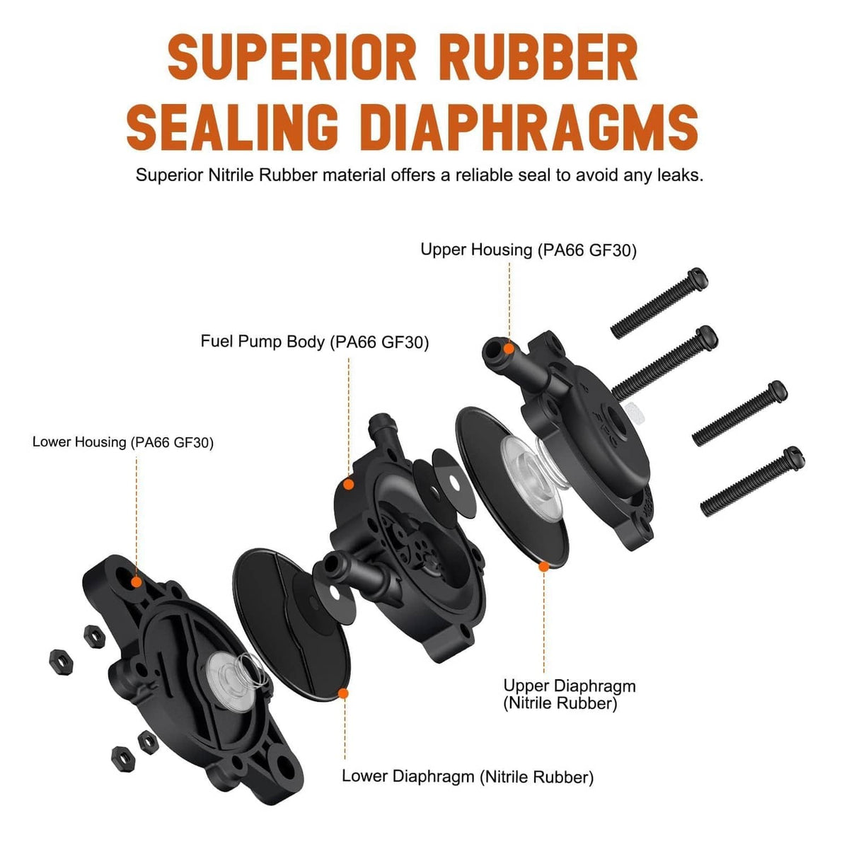 Fuel pump parts diagram showing upper and lower housings with diaphragms