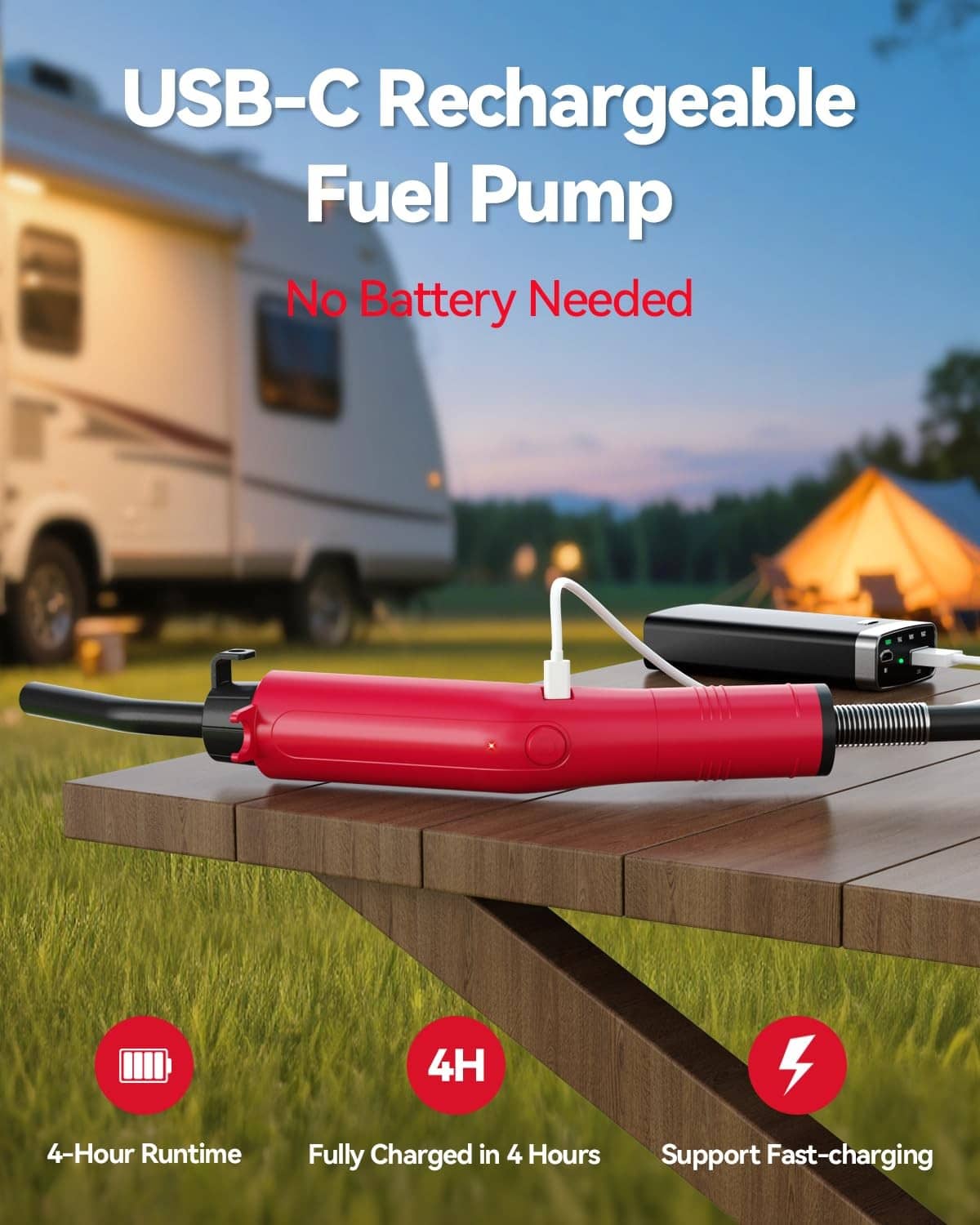 USB-C rechargeable red fuel pump with black discharge hose on a tabletop