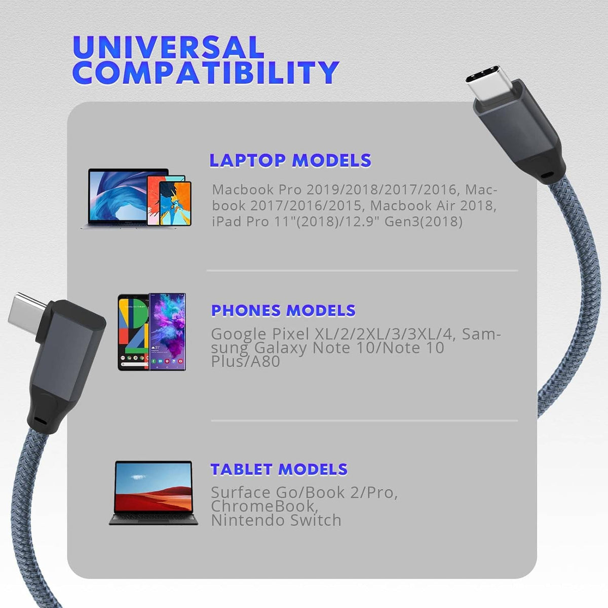 USB-C to USB-C gray braided cable with right-angle connector
