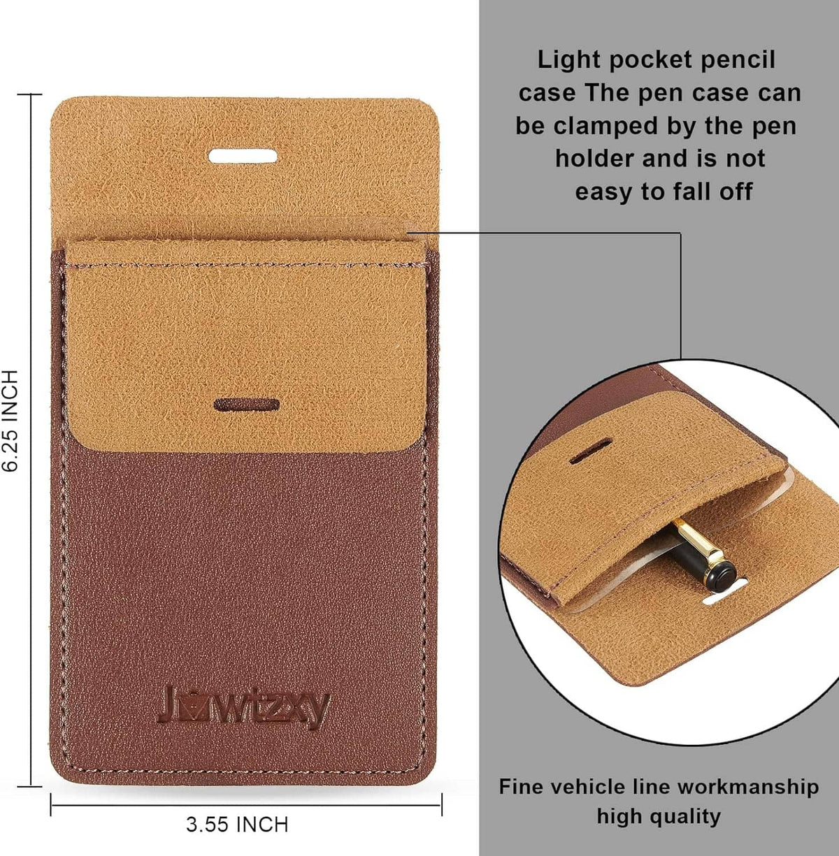 Leather pocket pen organizer pouch in tan with flap and stitched edges, shown flat