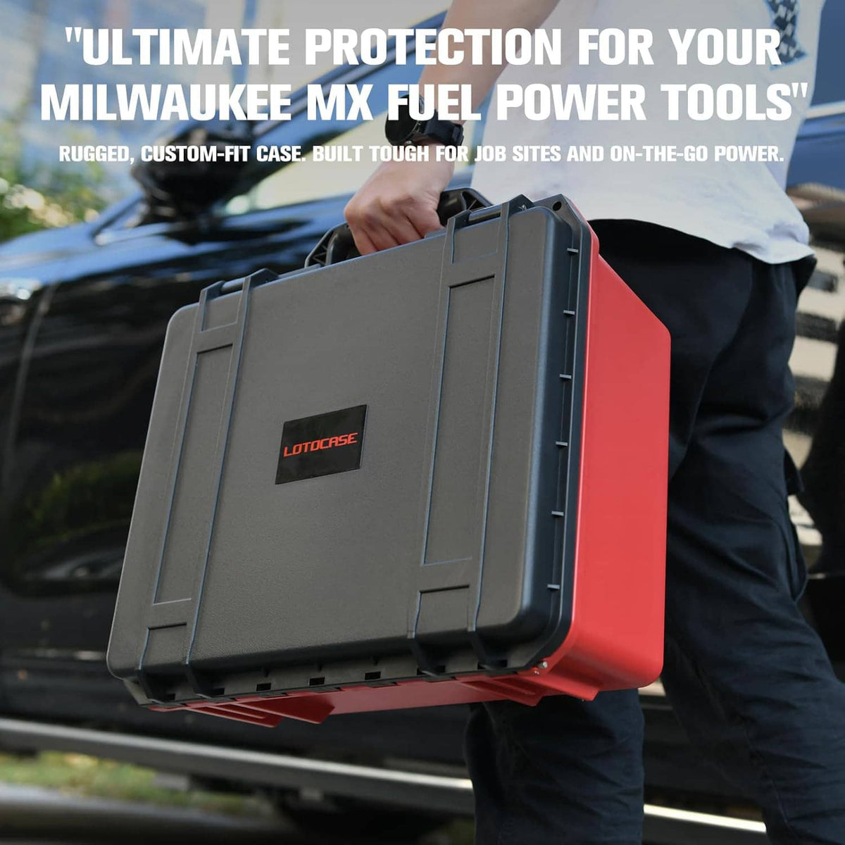 Gray-and-red closed hard tool case for protecting Milwaukee MX fuel tools