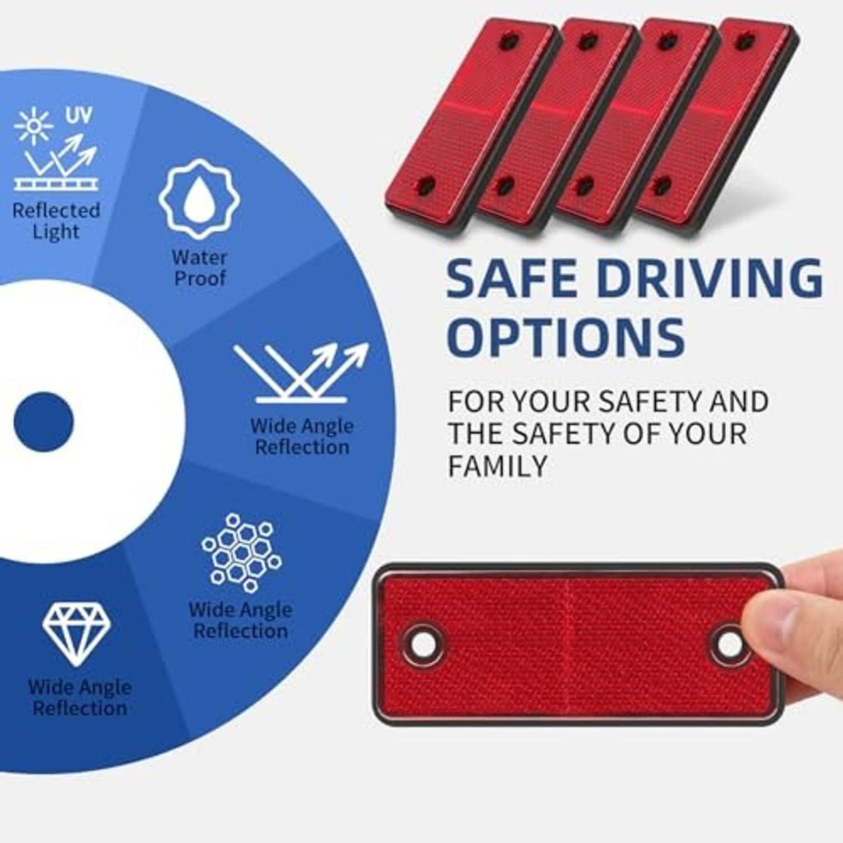 Red rectangular screw-on reflector lineup with textured surface and two mounting holes