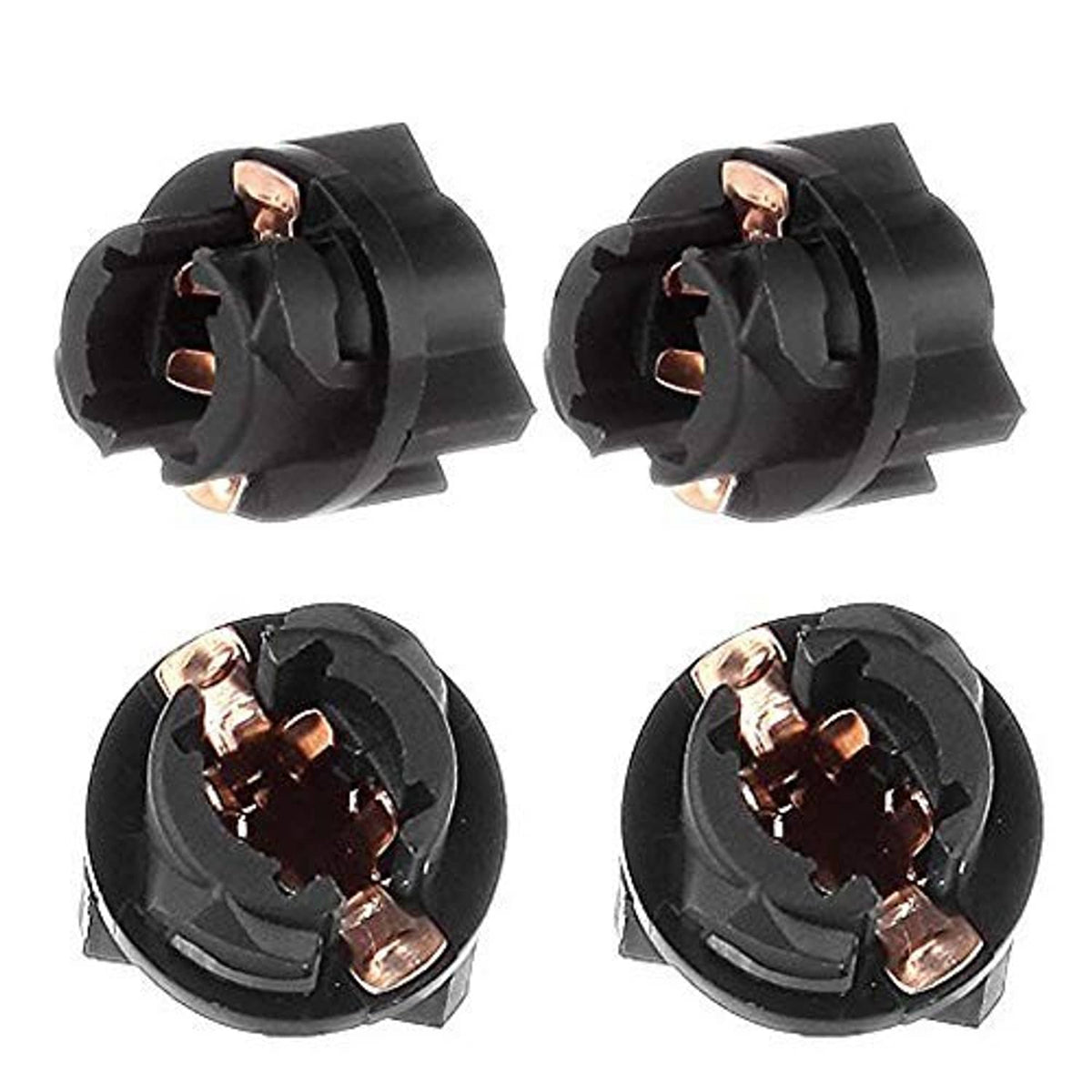 Pair of twist-lock T5 LED wedge bulbs, showing copper contacts inside black base