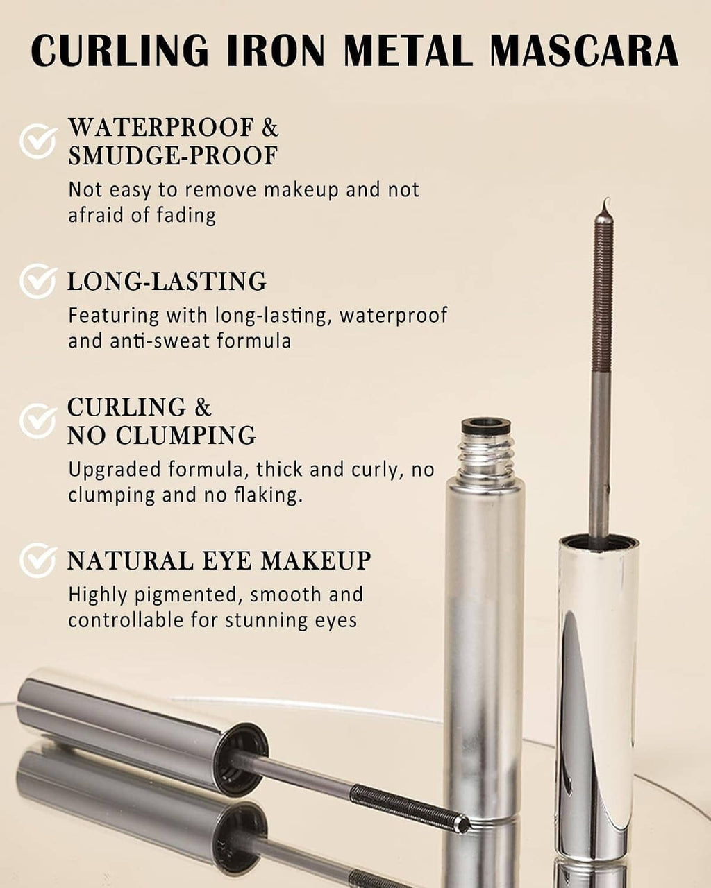 Curling iron metal mascara with waterproof long-lasting black brush and silver tube