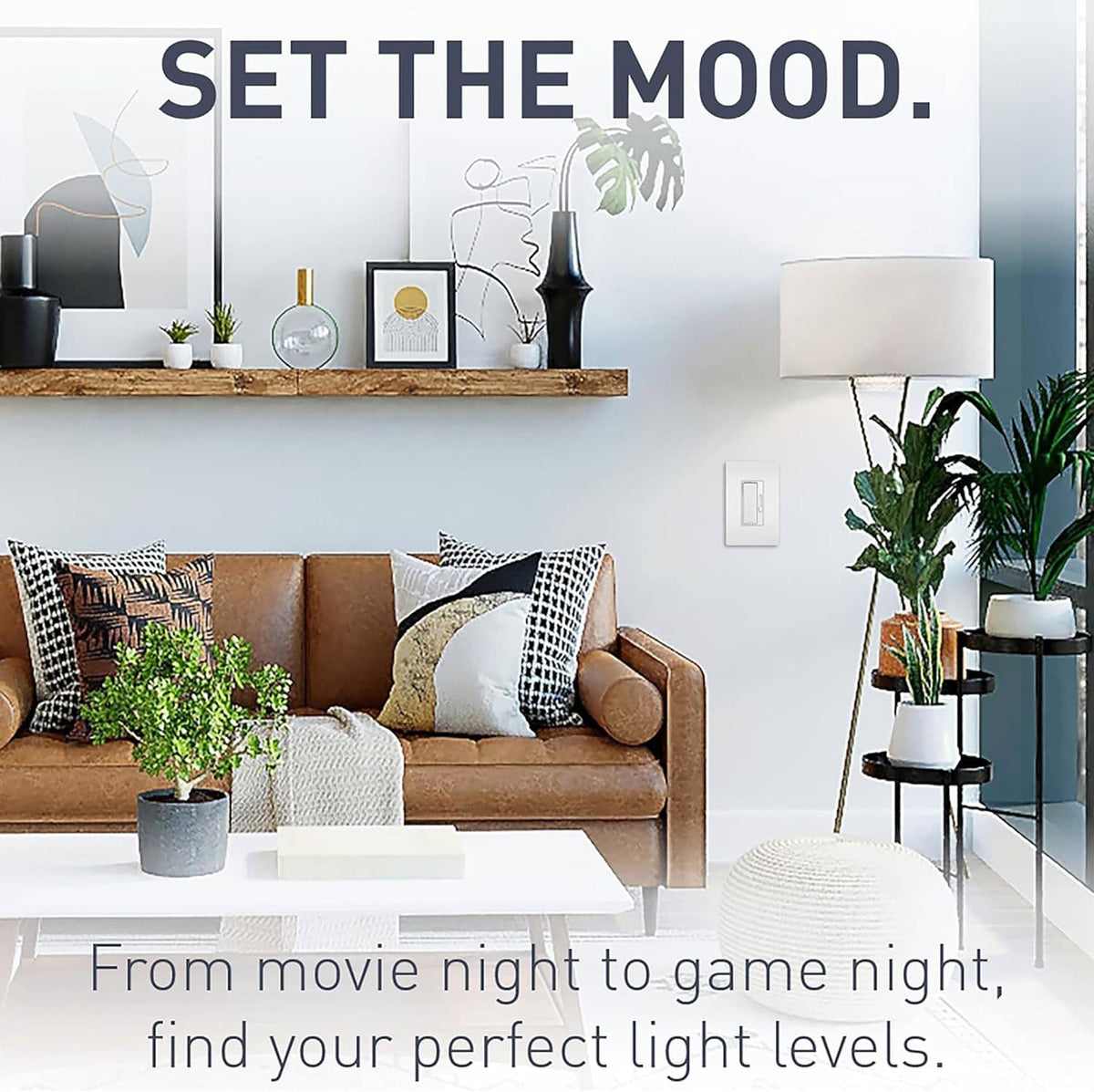 Living room lamp scene with text about finding perfect light levels for dimming