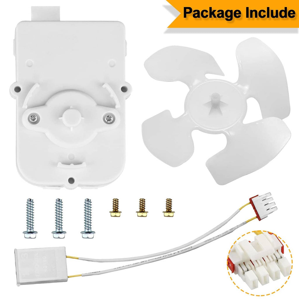 Condenser fan motor kit components: fan blade, housing, screws, and wire connectors