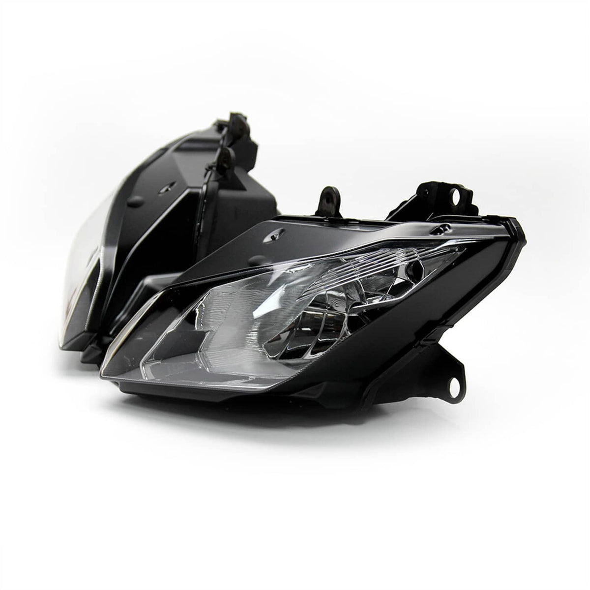 Black motorcycle front headlight with clear lens and mounting brackets