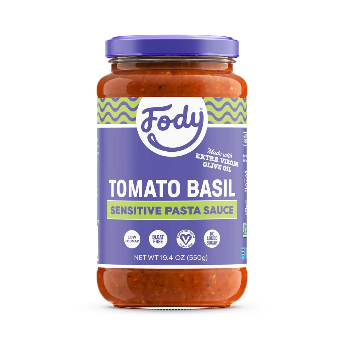 Fody Tomato Basil pasta sauce jar with purple label and blue cap, glass bottle