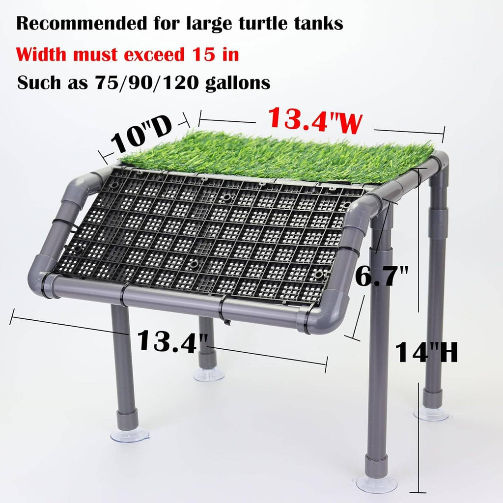 Extra-large turtle basking platform with artificial grass pad, black mesh grate, and support stand