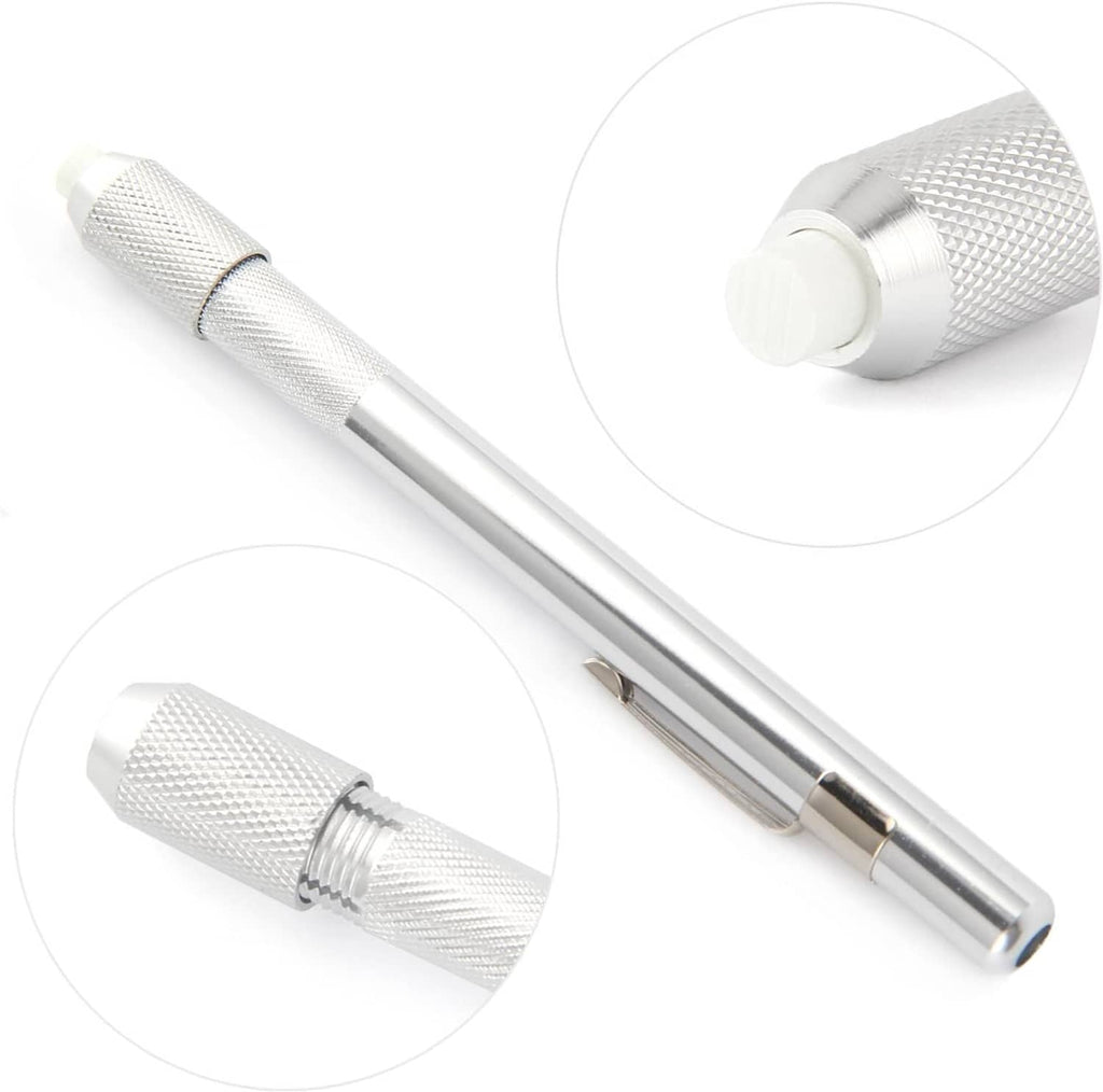 Metal soapstone holder pen with textured grip and white cap end, silver