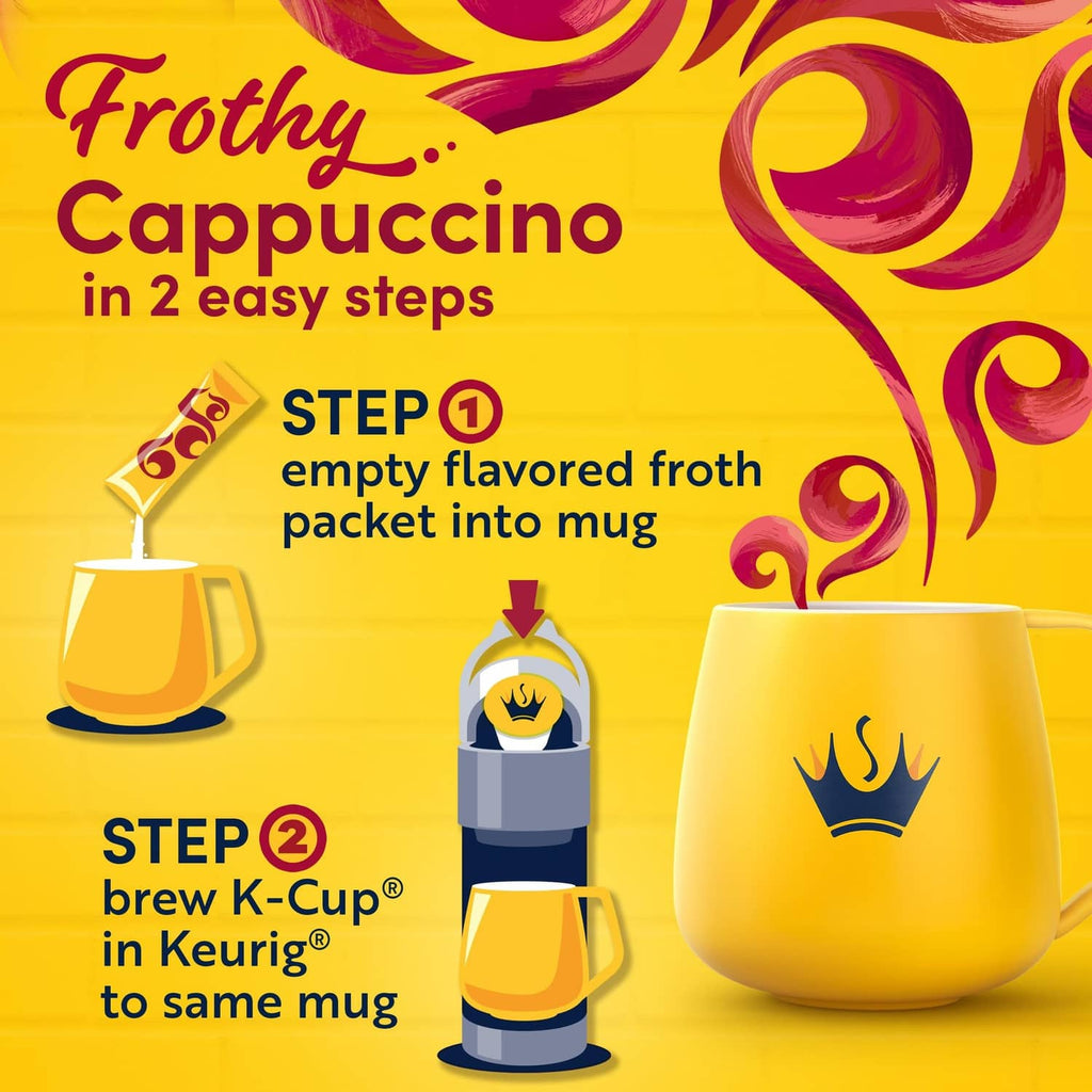 Frothy cappuccino in 2 easy steps, step 1 empty froth packet into mug