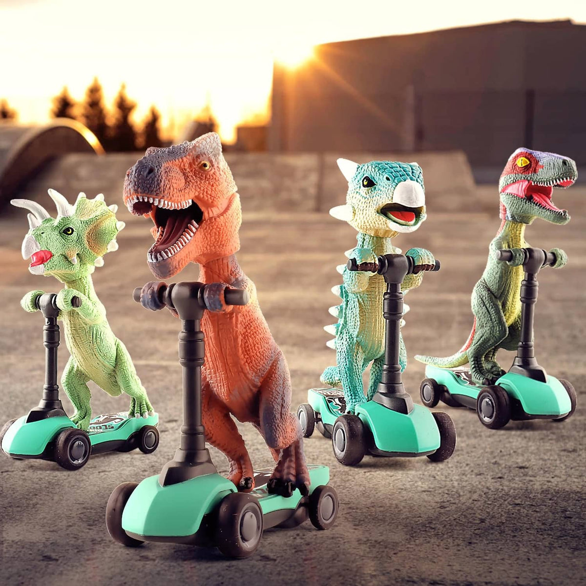 Dinosaur finger scooters with teal bases, bobbling heads, ready to roll