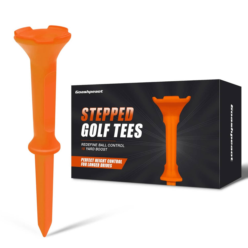 Orange stepped golf tee with 4-prong head and integrated stop ring, reusable
