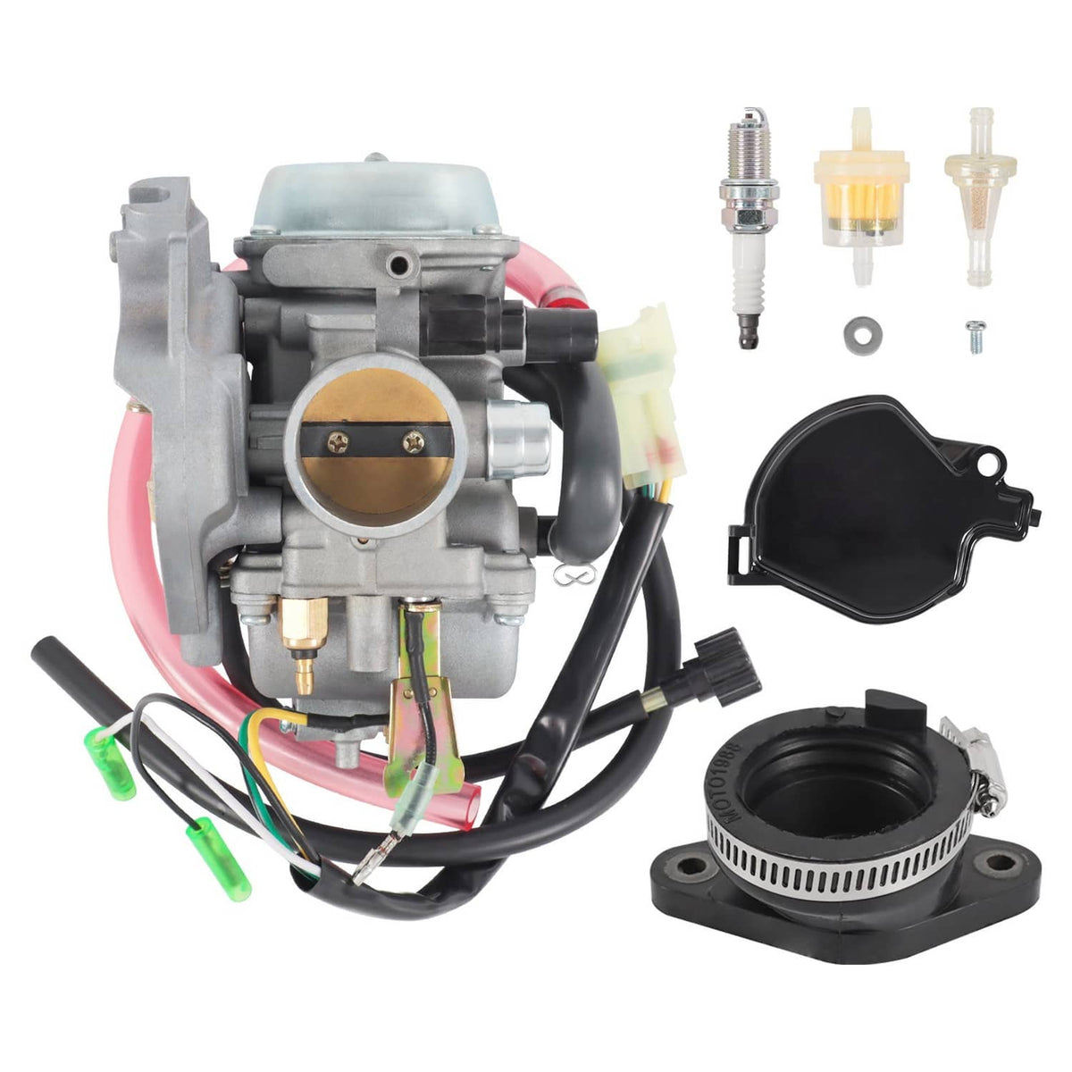 Carburetor assembly with intake manifold, fuel filter, spark plug, and wiring harness