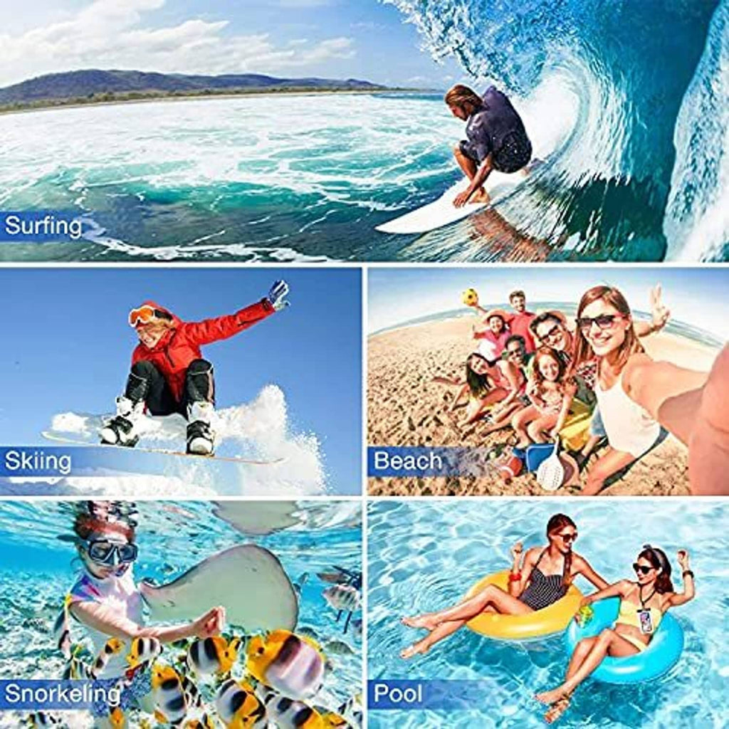 Waterproof phone pouch used for surfing, skiing, beach, snorkeling, and pool activities