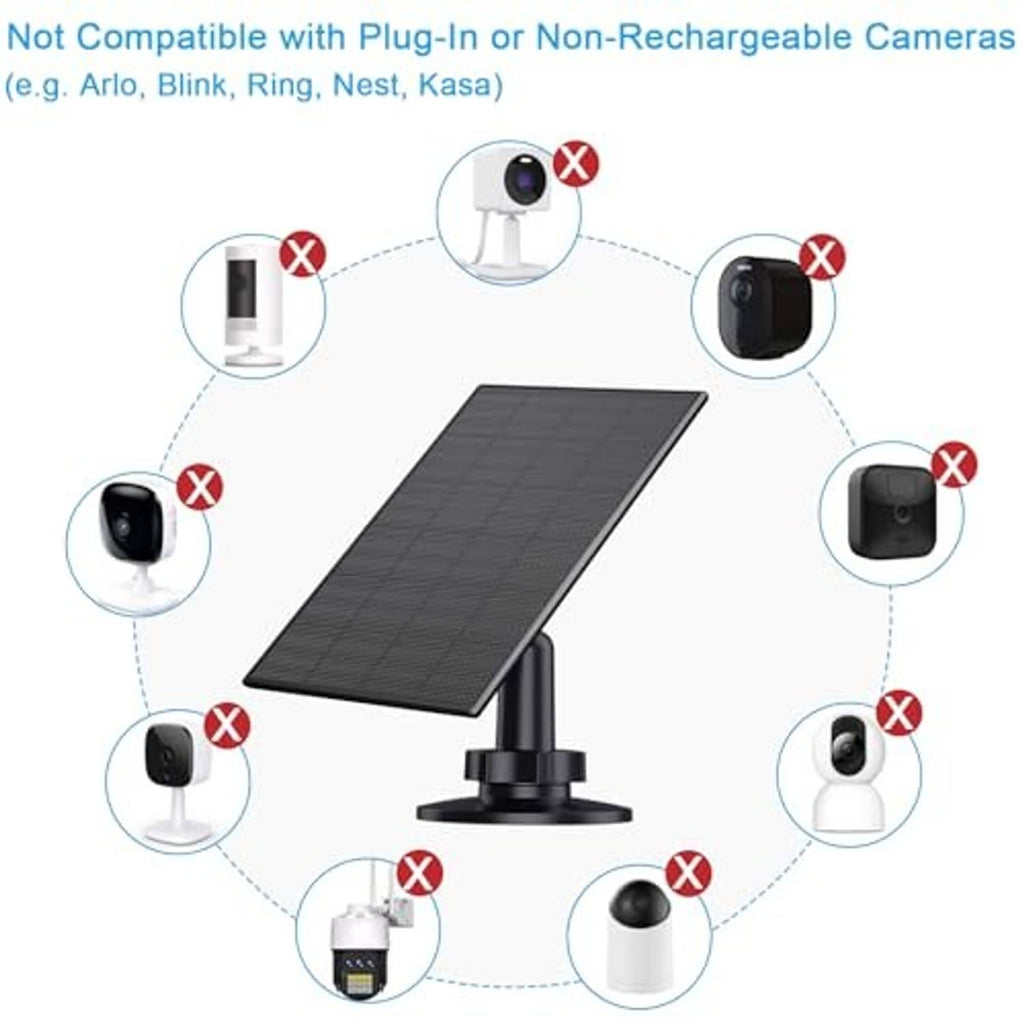 Solar panel on 360° adjustable mount with charging cable and connection ports