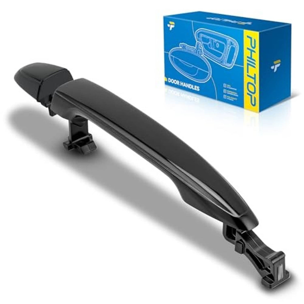 Black exterior door pull handle with integrated latch tabs and front-right fitment.