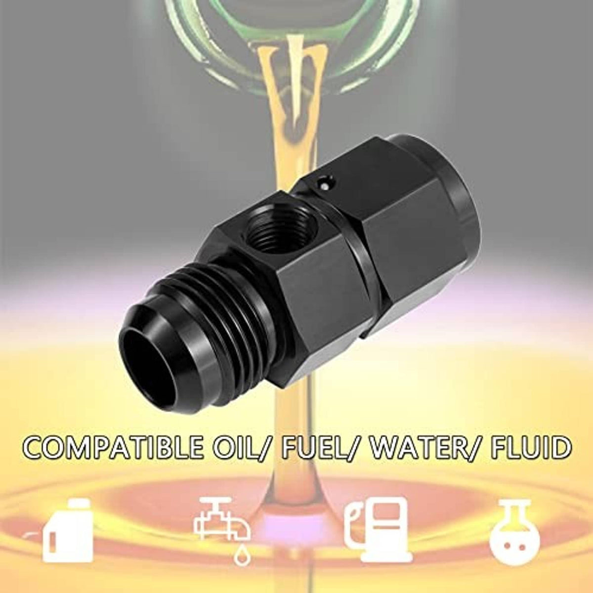 Black AN flare-to-swivel adapter fitting with threaded ports