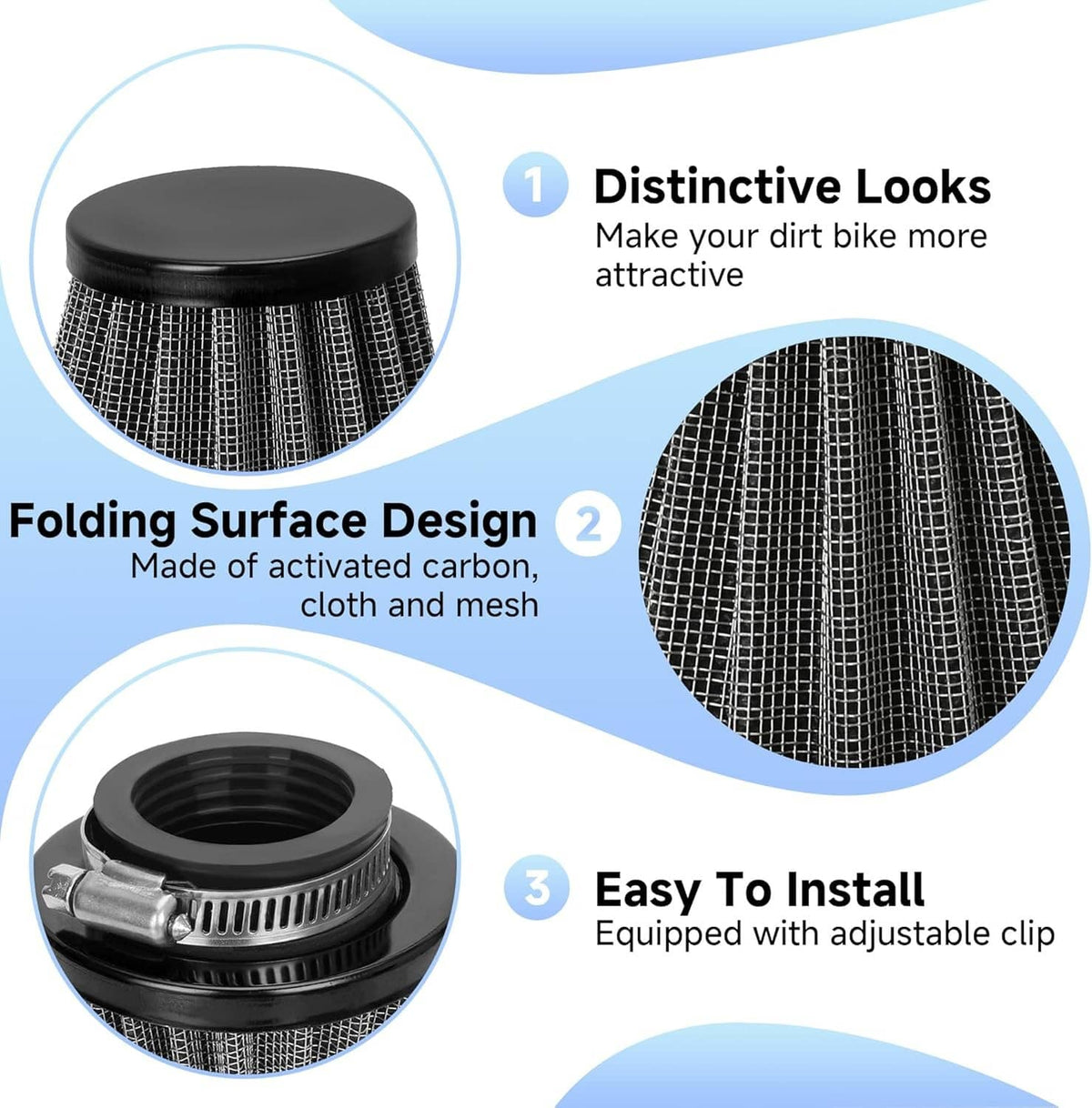 Black air filter housing with fine mesh element and adjustable clip