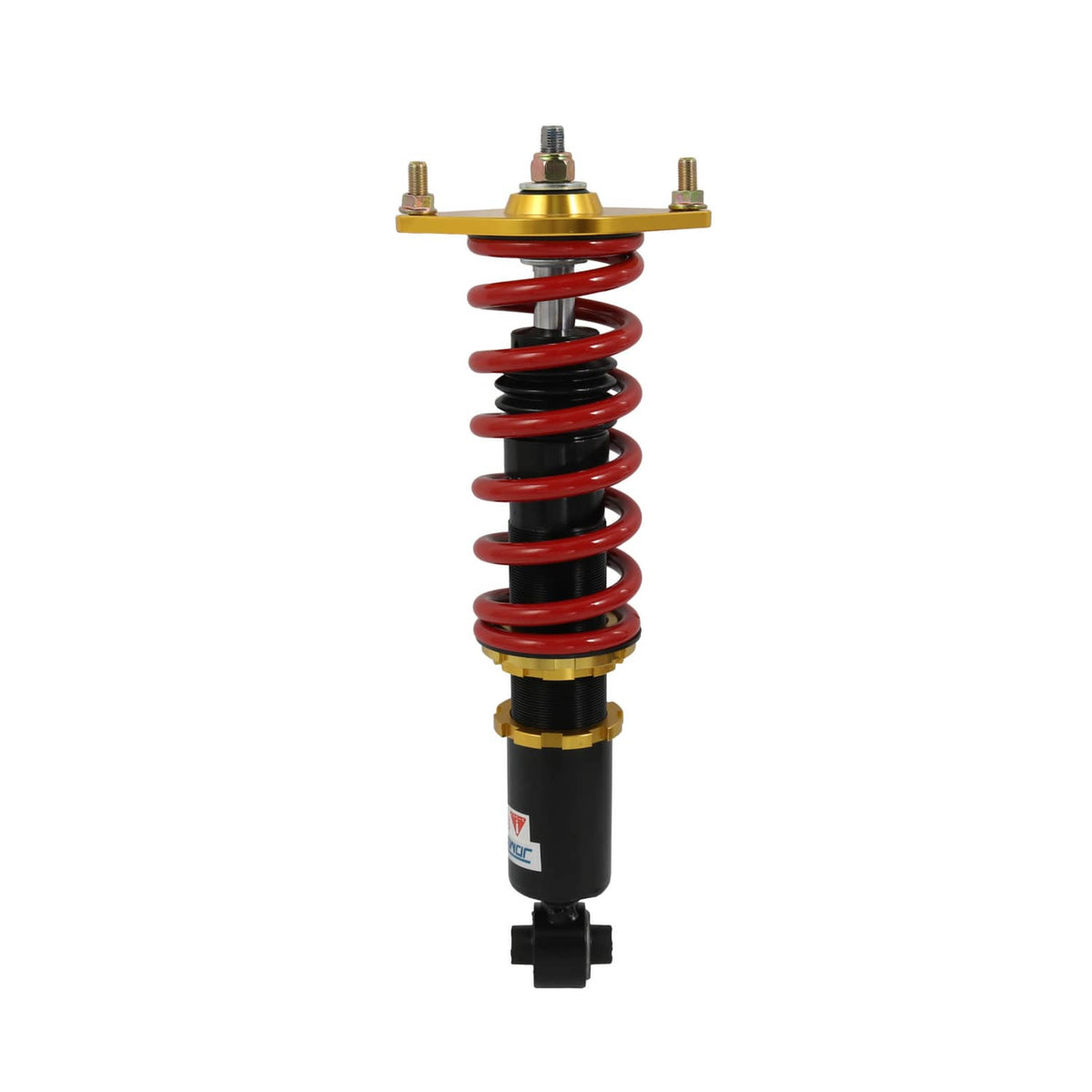 Coilover strut with red spring, black damper, and gold upper mount