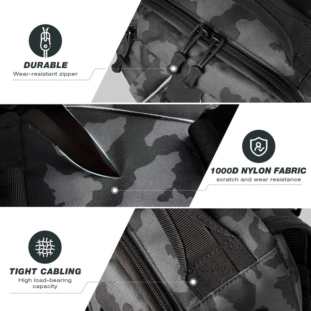 Black camouflage nylon fishing backpack close-up of durable zipper and reinforced stitching