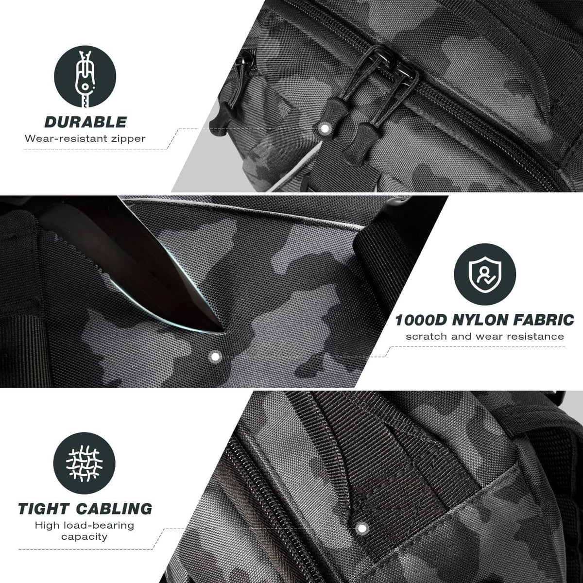 Black camouflage nylon fishing backpack close-up of durable zipper and reinforced stitching