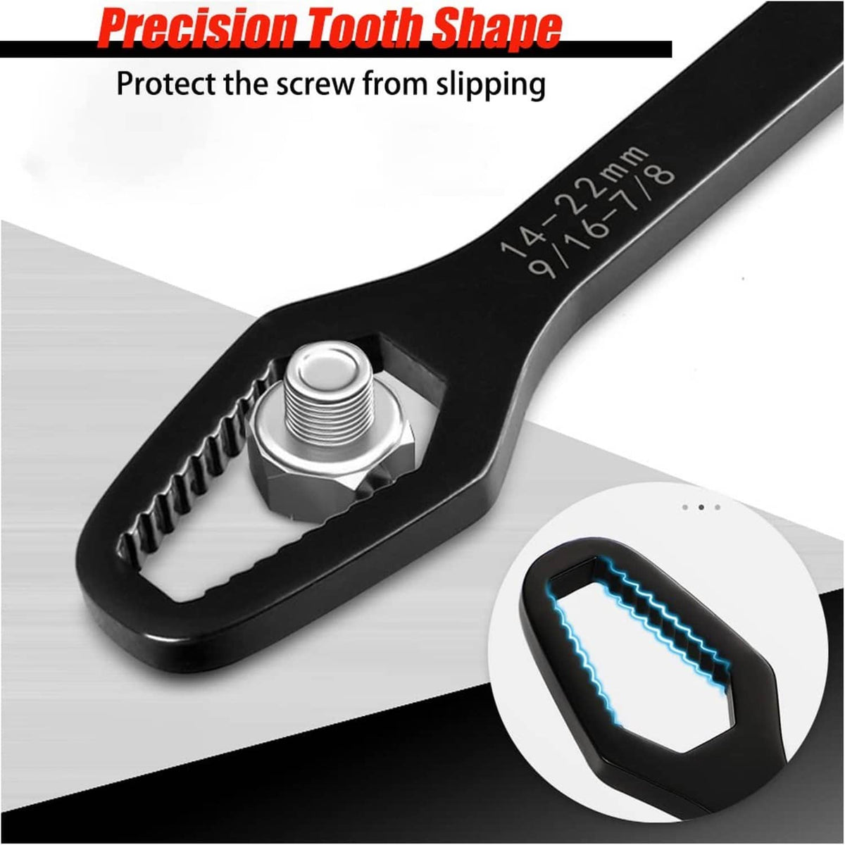 Black precision-tooth adjustable wrench jaw gripping a hex nut and bolt
