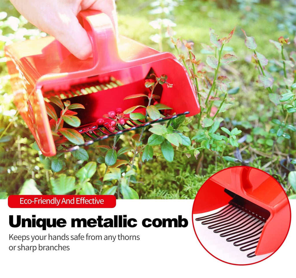 Red berry picker tool with metallic comb teeth for collecting berries
