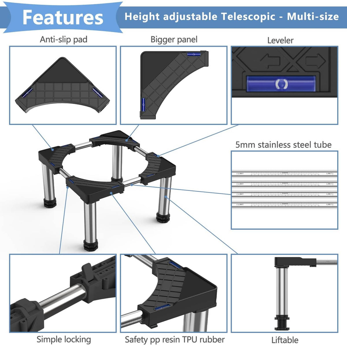 Adjustable appliance stand base with anti-slip pads, black corner grips, steel tubes